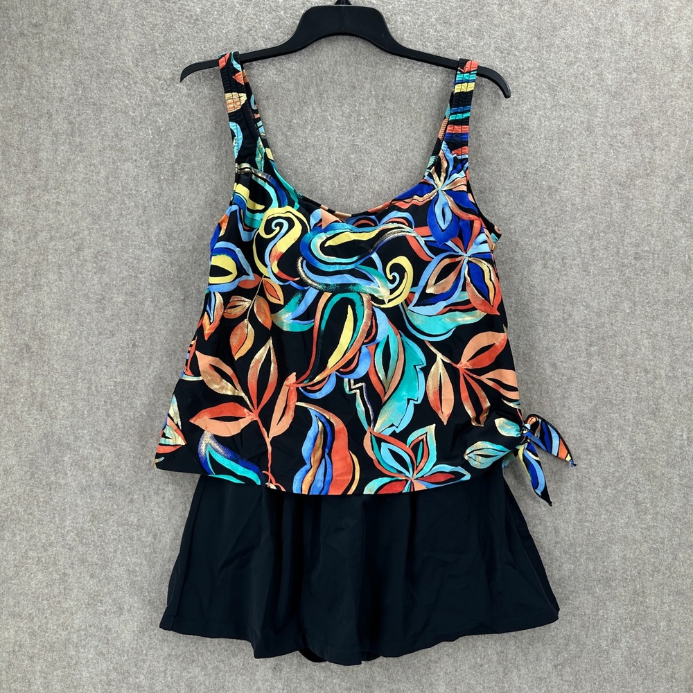 Maxine of Hollywood Swim Dress Womens 12 Black Floral Side-Tie Gold Foil MM3CG47